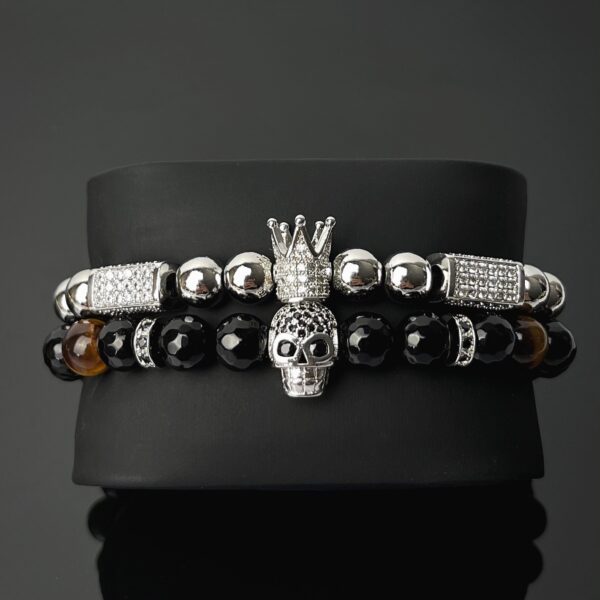 Men Staff - Koponyás Ónix karkötő szett ezüst színű díszítéssel